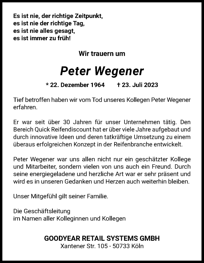  Traueranzeige für Peter Wegener vom 05.08.2023 aus Kölner Stadt-Anzeiger / Kölnische Rundschau / Express