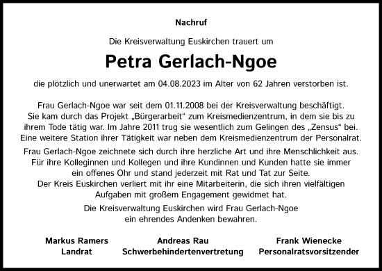 Anzeige von Petra Gerlach-Ngoe von Kölner Stadt-Anzeiger / Kölnische Rundschau / Express