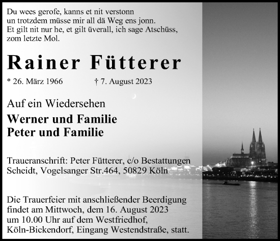 Anzeige von Rainer Fütterer von Kölner Stadt-Anzeiger / Kölnische Rundschau / Express