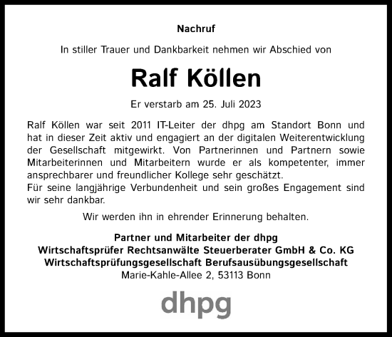 Anzeige von Ralf Köllen von Kölner Stadt-Anzeiger / Kölnische Rundschau / Express