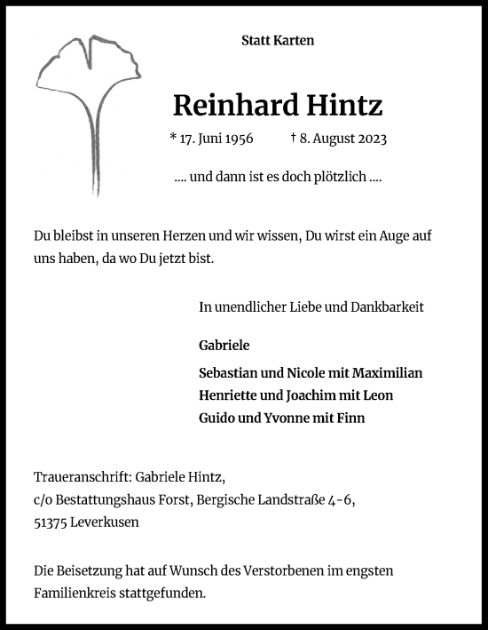 Anzeige von Reinhard Hintz von Kölner Stadt-Anzeiger / Kölnische Rundschau / Express