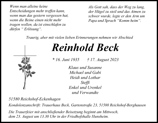 Anzeige von Reinhold Beck von Kölner Stadt-Anzeiger / Kölnische Rundschau / Express