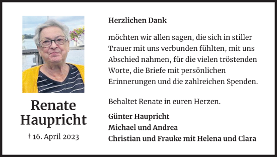 Anzeige von Renate Haupricht von Kölner Stadt-Anzeiger / Kölnische Rundschau / Express