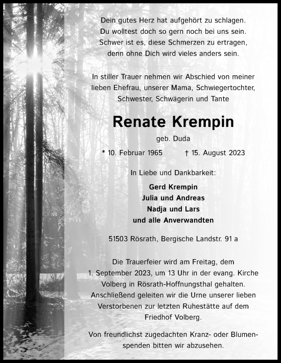 Anzeige von Renate Krempin von Kölner Stadt-Anzeiger / Kölnische Rundschau / Express