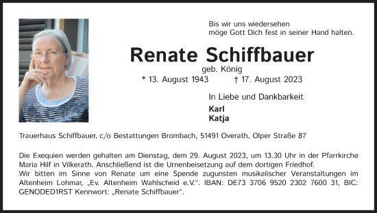 Anzeige von Renate Schiffbauer von Kölner Stadt-Anzeiger / Kölnische Rundschau / Express