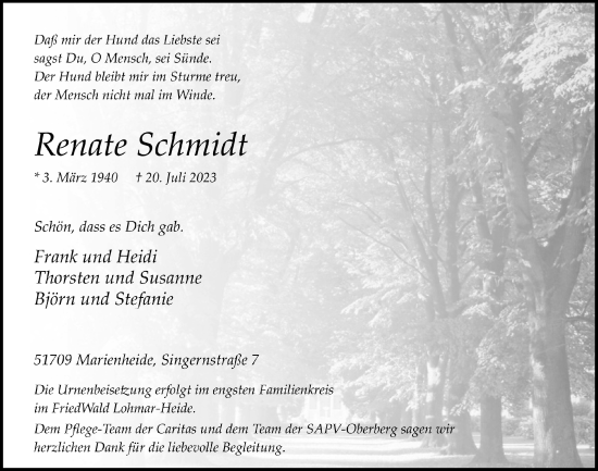 Anzeige von Renate Schmidt von  Anzeigen Echo 