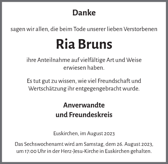 Anzeige von Ria Bruns von  Blickpunkt Euskirchen 