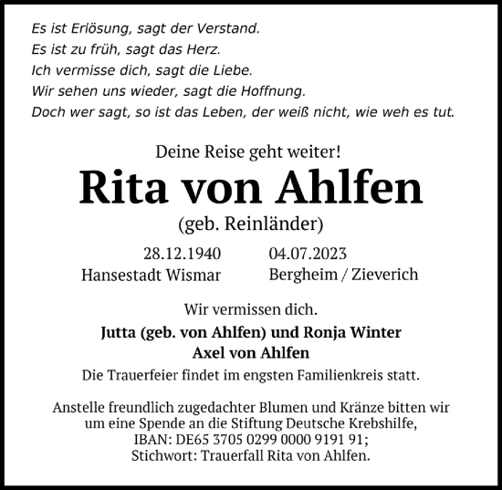 Anzeige von Rita von Ahlfen von  Werbepost 