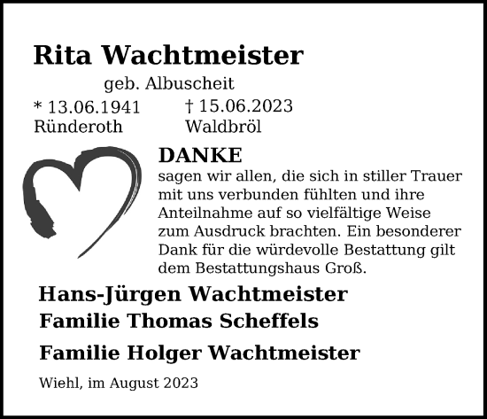 Anzeige von Rita Wachtmeister von Kölner Stadt-Anzeiger / Kölnische Rundschau / Express