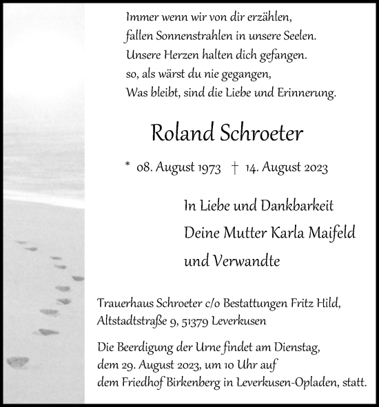Anzeige von Roland Schroeter von Kölner Stadt-Anzeiger / Kölnische Rundschau / Express