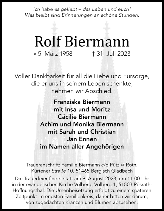 Anzeige von Rolf Biermann von Kölner Stadt-Anzeiger / Kölnische Rundschau / Express