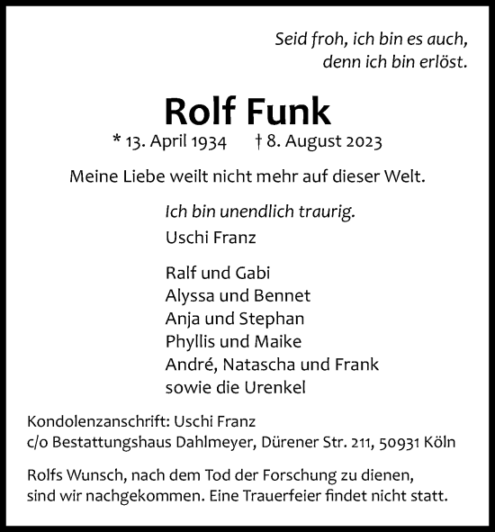 Anzeige von Rolf Funk von Kölner Stadt-Anzeiger / Kölnische Rundschau / Express