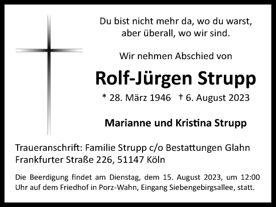 Anzeige von Rolf-Jürgen Strupp von Kölner Stadt-Anzeiger / Kölnische Rundschau / Express