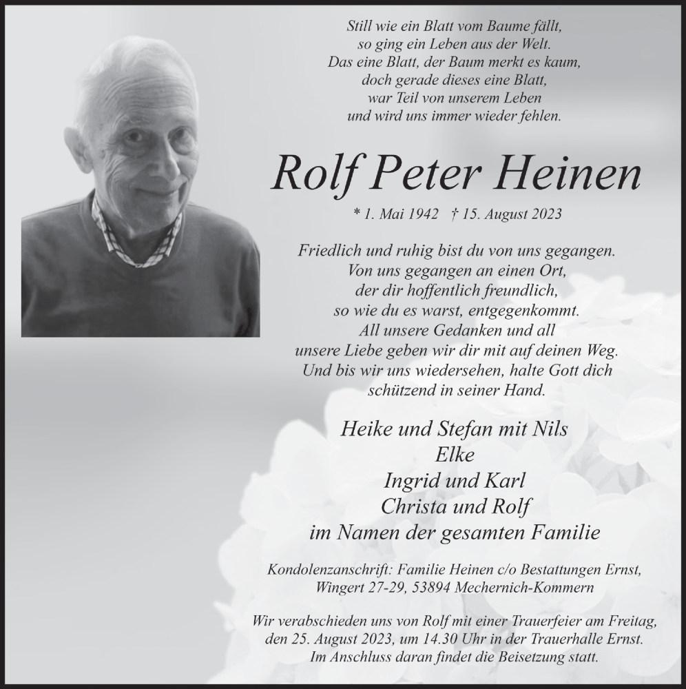  Traueranzeige für Rolf Peter Heinen vom 19.08.2023 aus  Blickpunkt Euskirchen 