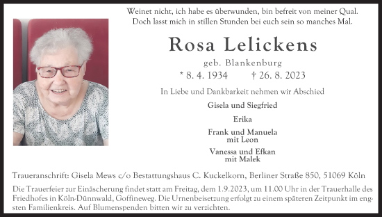 Anzeige von Rosa Lelickens von Kölner Stadt-Anzeiger / Kölnische Rundschau / Express