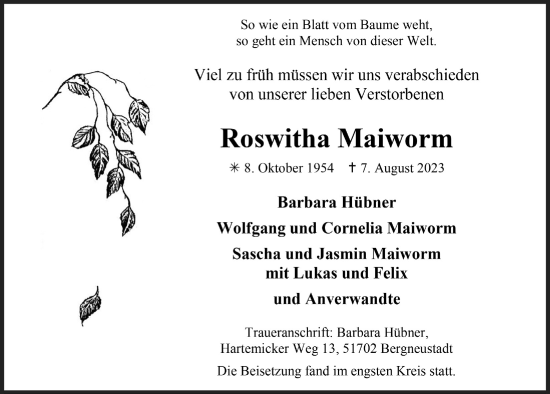 Anzeige von Roswitha Maiworm von  Anzeigen Echo 