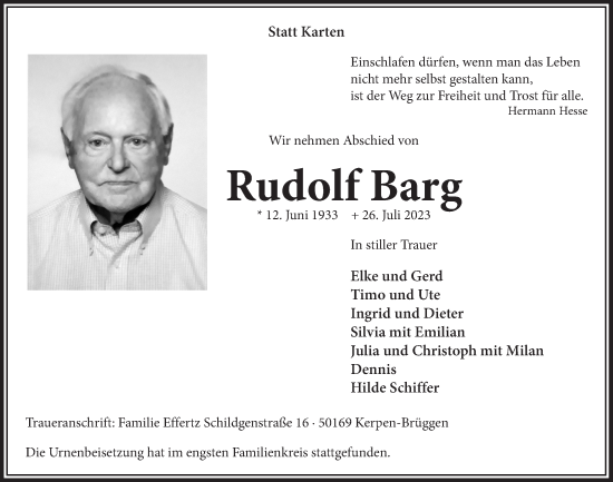 Anzeige von Rudolf Barg von  Werbepost 