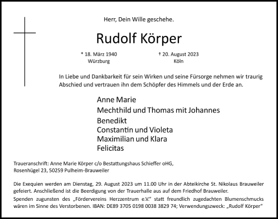 Anzeige von Rudolf Körper von  Wochenende 