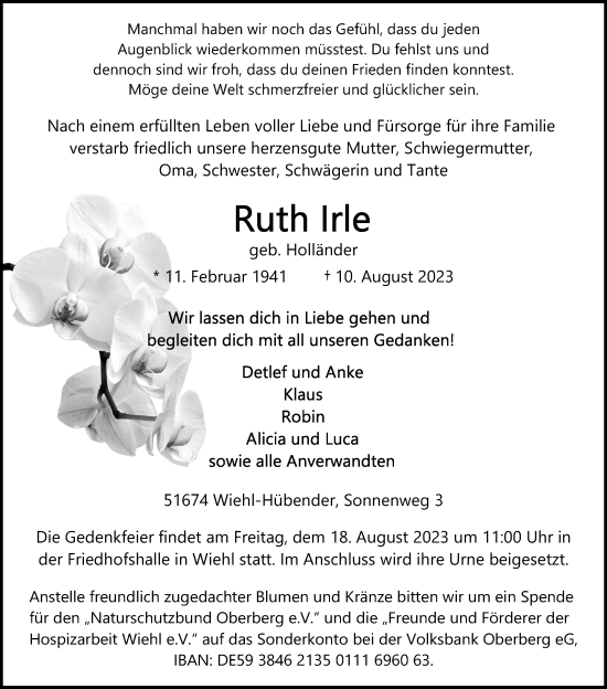Anzeige von Ruth Irle von Kölner Stadt-Anzeiger / Kölnische Rundschau / Express