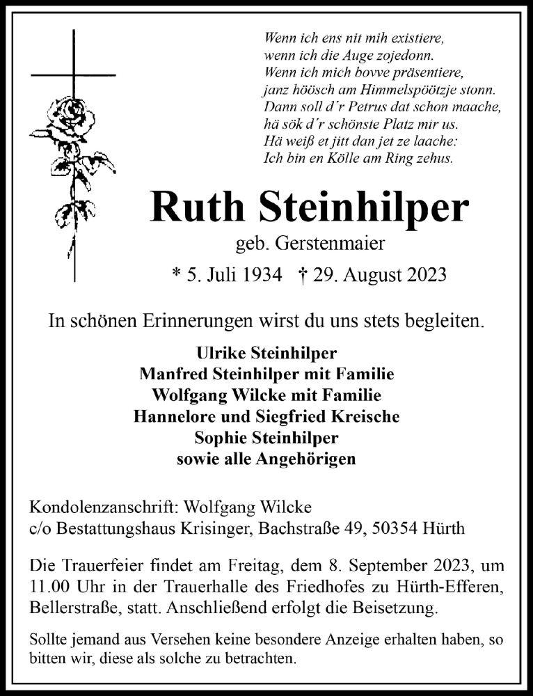  Traueranzeige für Ruth Steinhilper vom 01.09.2023 aus  Wochenende 