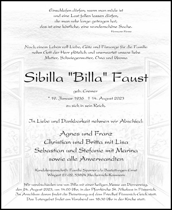 Anzeige von Sibilla Faust von  Blickpunkt Euskirchen 