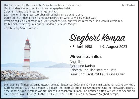 Anzeige von Siegbert Kempa von  Bergisches Handelsblatt 