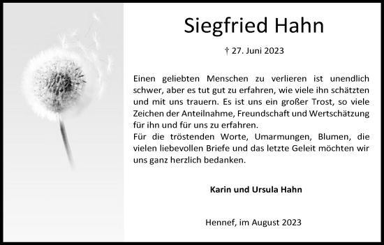 Anzeige von Siegfried Hahn von Kölner Stadt-Anzeiger / Kölnische Rundschau / Express