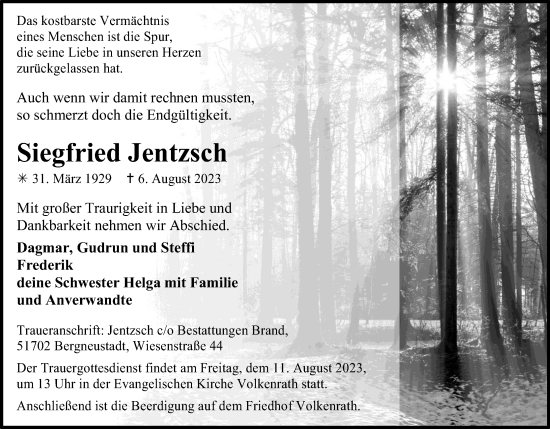 Anzeige von Siegfried Jentzsch von Kölner Stadt-Anzeiger / Kölnische Rundschau / Express