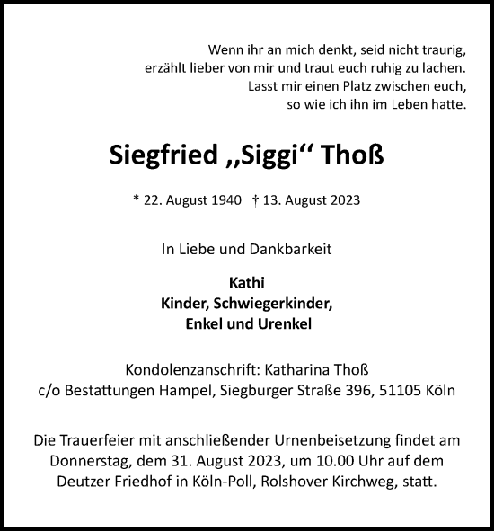 Anzeige von Siegfried Thoß von Kölner Stadt-Anzeiger / Kölnische Rundschau / Express