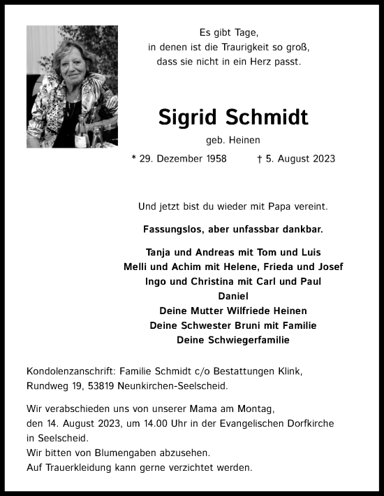 Anzeige von Sigrid Schmidt von Kölner Stadt-Anzeiger / Kölnische Rundschau / Express