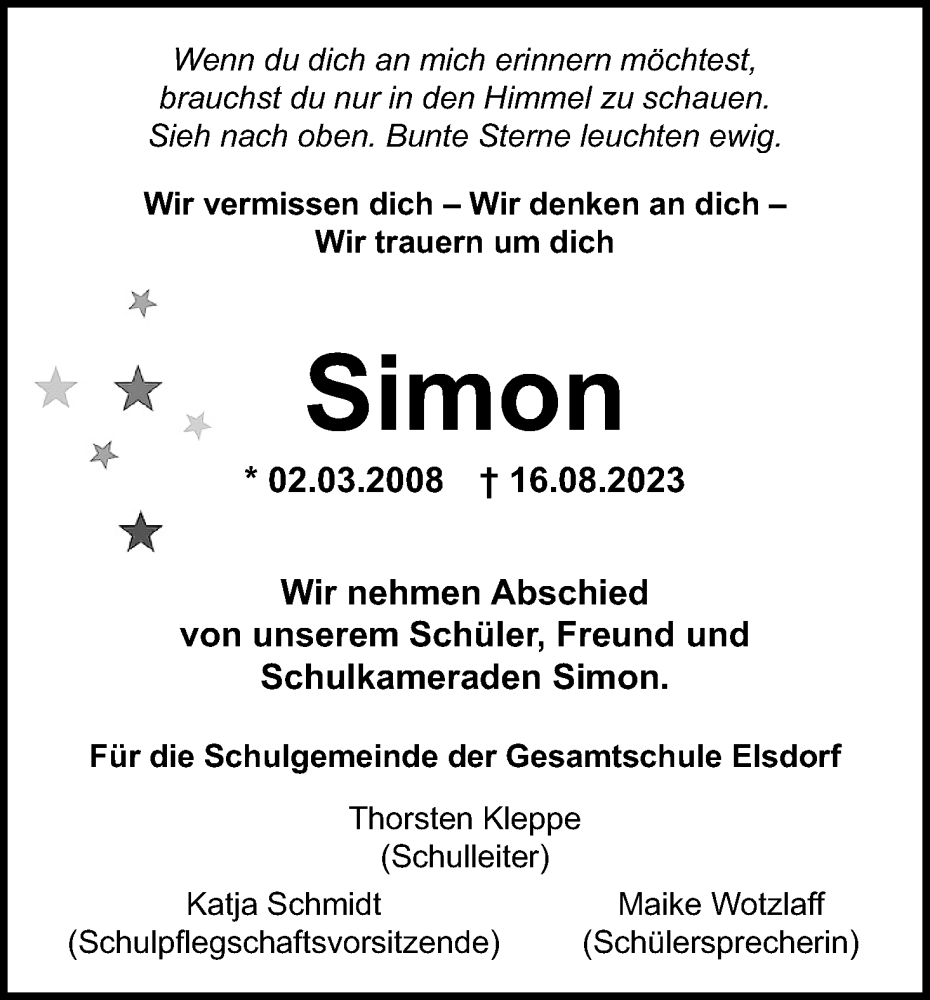  Traueranzeige für Simon Hiller vom 30.08.2023 aus Kölner Stadt-Anzeiger / Kölnische Rundschau / Express