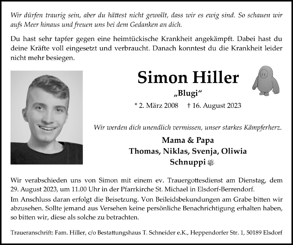  Traueranzeige für Simon Hiller vom 25.08.2023 aus  Werbepost 