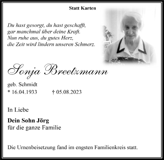 Anzeige von Sonja Breetzmann von  Wochenende 