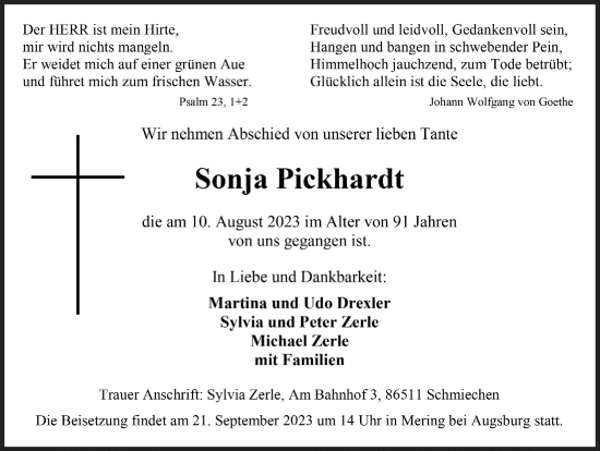 Anzeige von Sonja Pickhardt von  Anzeigen Echo 