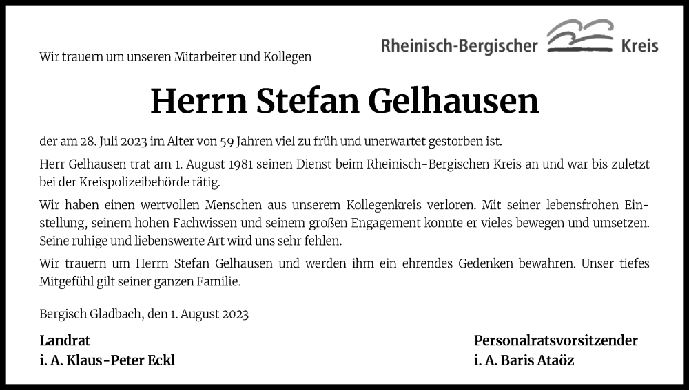  Traueranzeige für Stefan Gelhausen vom 05.08.2023 aus Kölner Stadt-Anzeiger / Kölnische Rundschau / Express