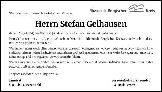 Anzeige von Stefan Gelhausen von Kölner Stadt-Anzeiger / Kölnische Rundschau / Express