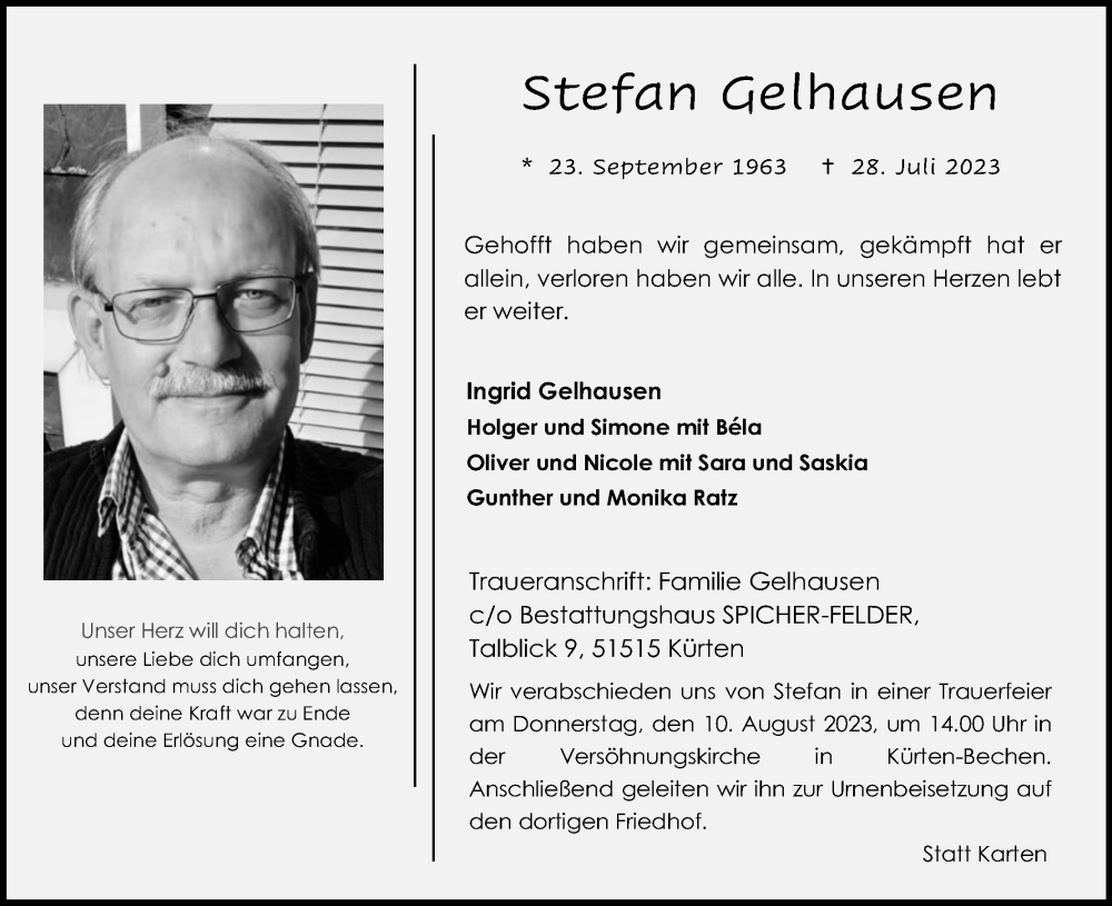  Traueranzeige für Stefan Gelhausen vom 05.08.2023 aus Kölner Stadt-Anzeiger / Kölnische Rundschau / Express