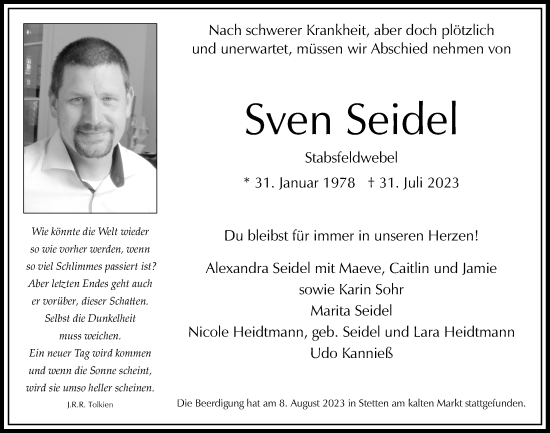 Anzeige von Sven Seidel von  Wochenende 