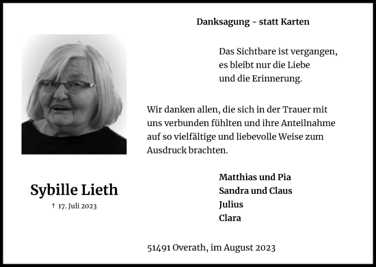 Anzeige von Sybille Lieth von Kölner Stadt-Anzeiger / Kölnische Rundschau / Express