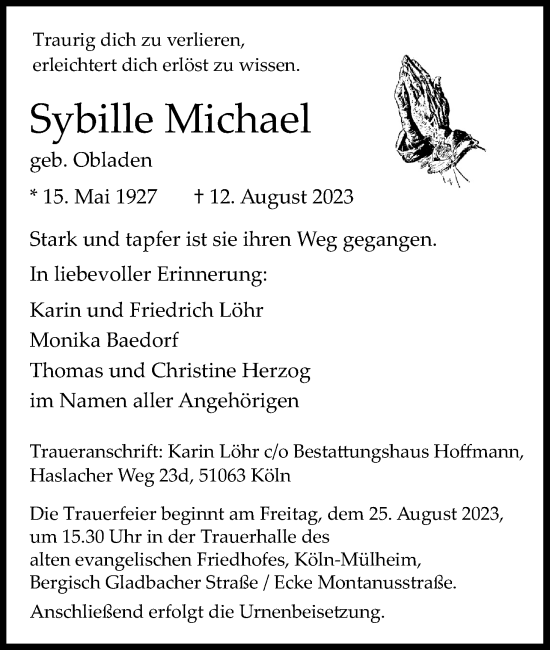 Anzeige von Sybille Michael von Kölner Stadt-Anzeiger / Kölnische Rundschau / Express