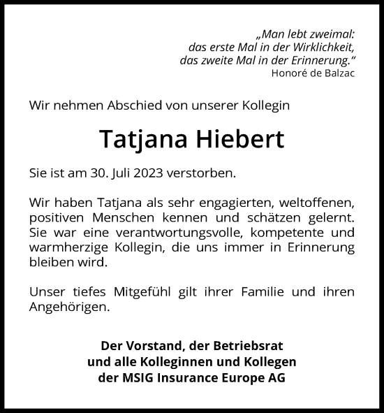 Anzeige von Tatjana Hiebert von Kölner Stadt-Anzeiger / Kölnische Rundschau / Express