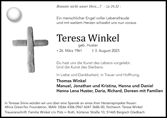 Anzeige von Teresa Winkel von Kölner Stadt-Anzeiger / Kölnische Rundschau / Express
