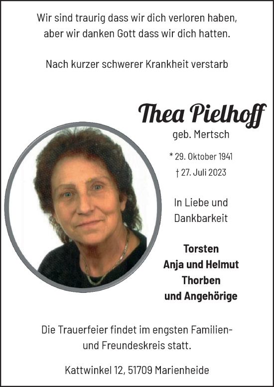 Anzeige von Thea Pielhoff von  Anzeigen Echo 