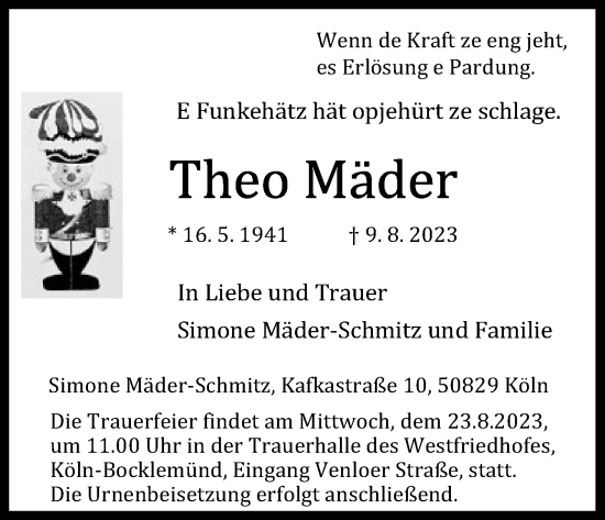 Anzeige von Theo Mäder von Kölner Stadt-Anzeiger / Kölnische Rundschau / Express