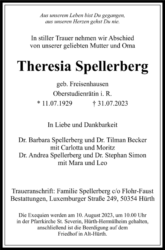 Anzeige von Theresia Spellerberg von  Wochenende 