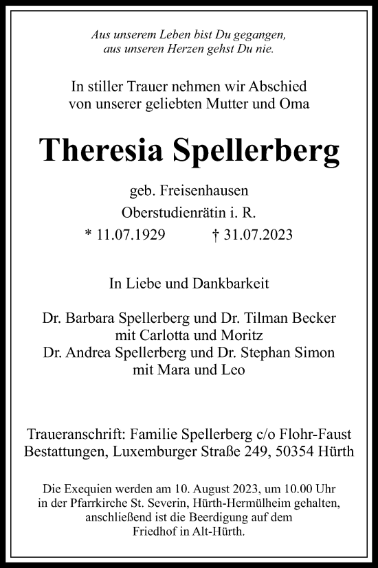 Anzeige von Theresia Spellerberg von Kölner Stadt-Anzeiger / Kölnische Rundschau / Express