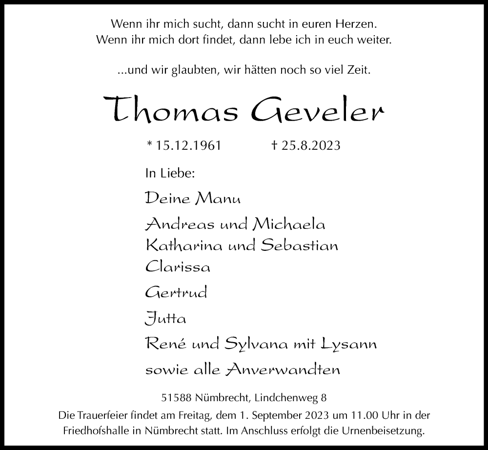  Traueranzeige für Thomas Geveler vom 29.08.2023 aus Kölner Stadt-Anzeiger / Kölnische Rundschau / Express