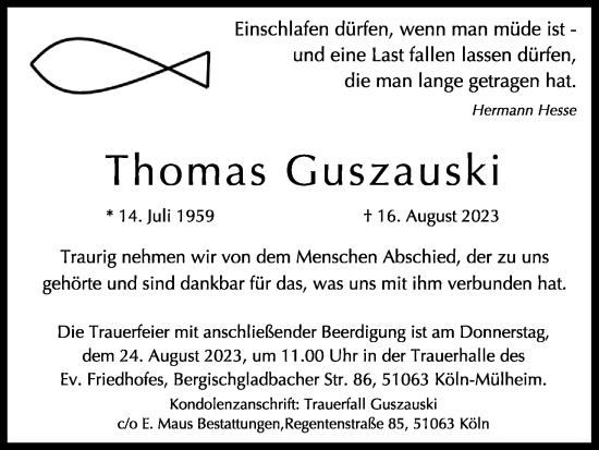 Anzeige von Thomas Guszauski von Kölner Stadt-Anzeiger / Kölnische Rundschau / Express