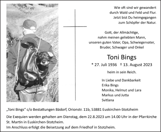 Anzeige von Toni Bings von  Blickpunkt Euskirchen 