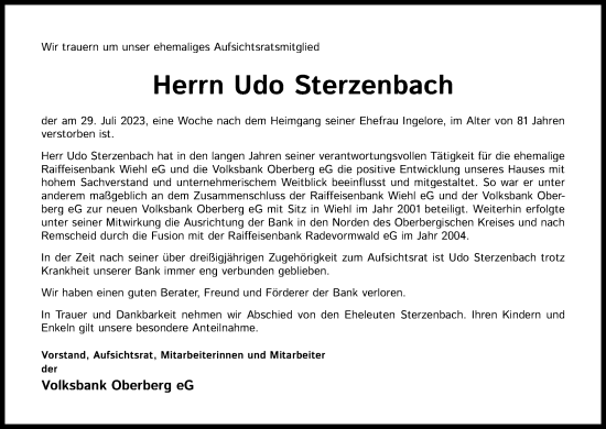 Anzeige von Udo Sterzenbach von Kölner Stadt-Anzeiger / Kölnische Rundschau / Express